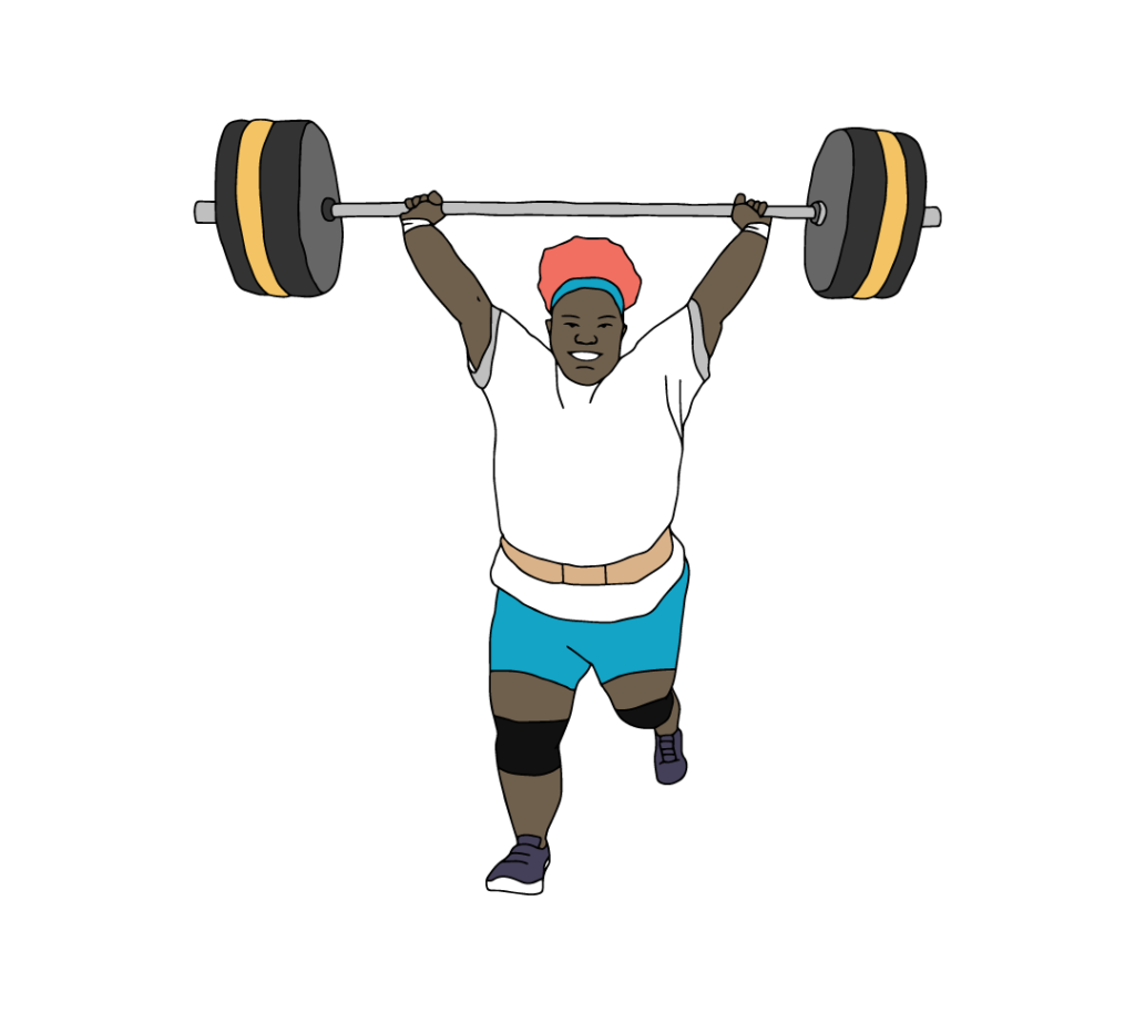 A Black female powerlifting athlete holding a barbell above her head.
